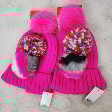 NEW BP Fuchsia Pink Chunky Knit Pom Pom Beanie Pull-On Hat Two Piece Bundle