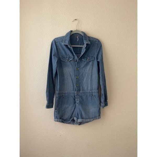 Free people denim long sleeve romper