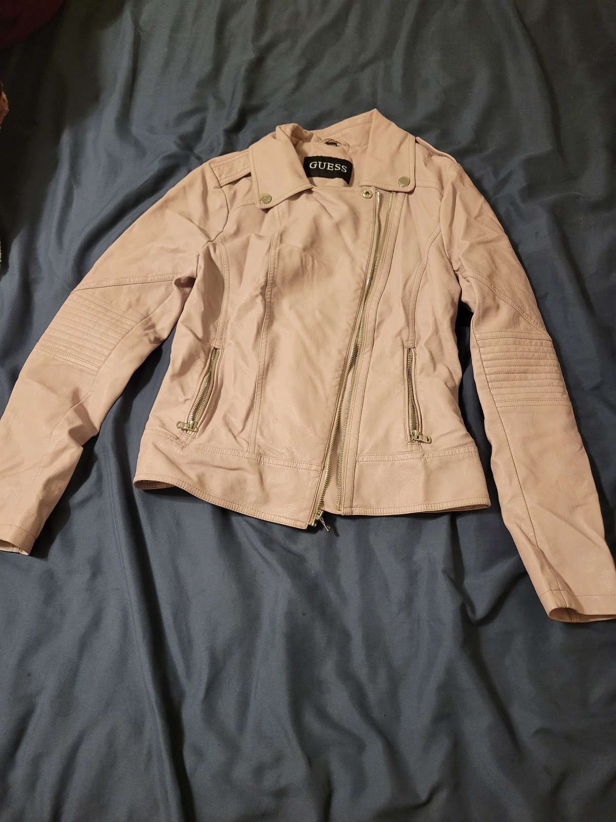Guess Pastel pink/purple faux leather jacket quilted elbows moto jacket size M