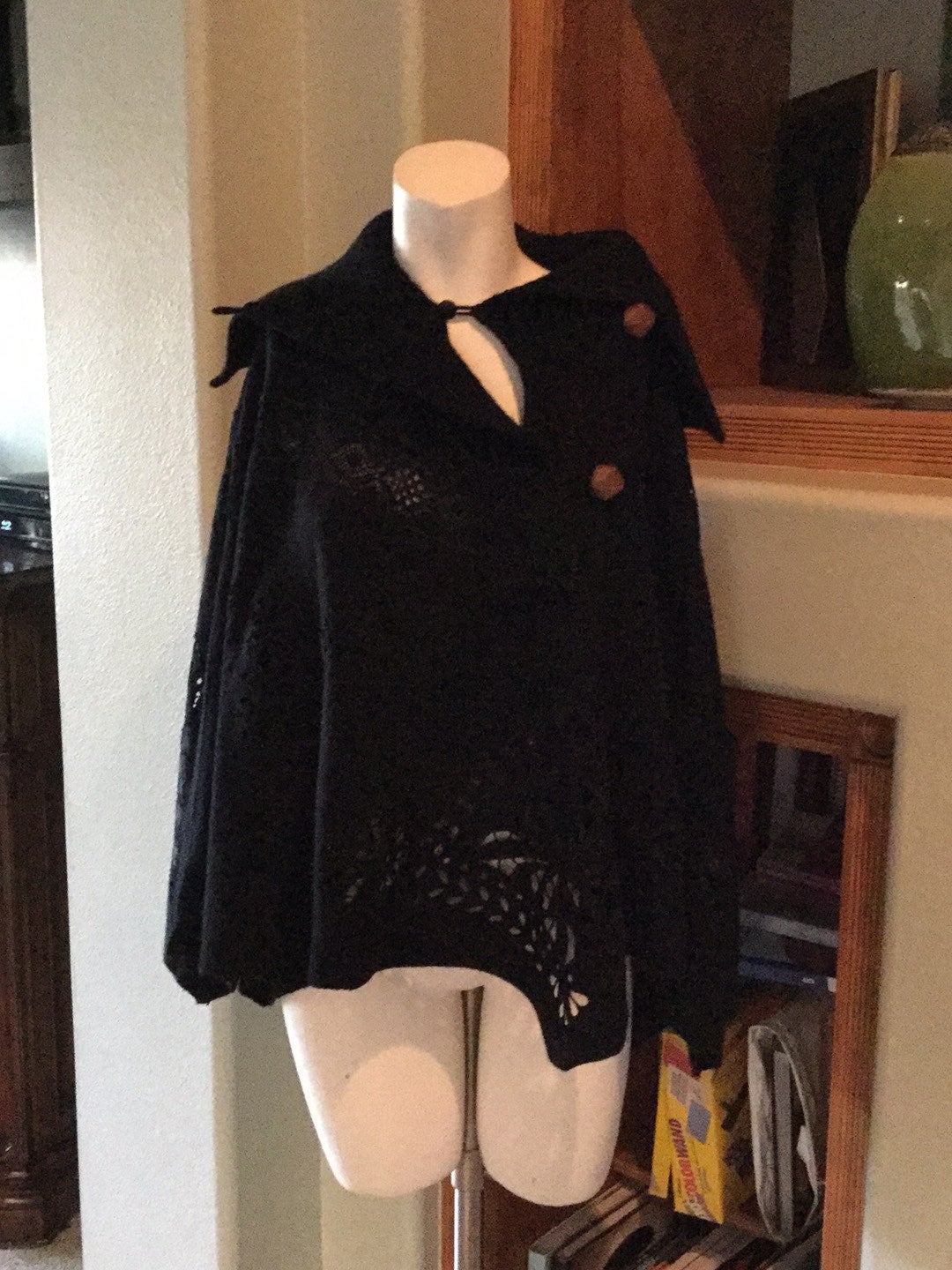 Black Wool Poncho Cape