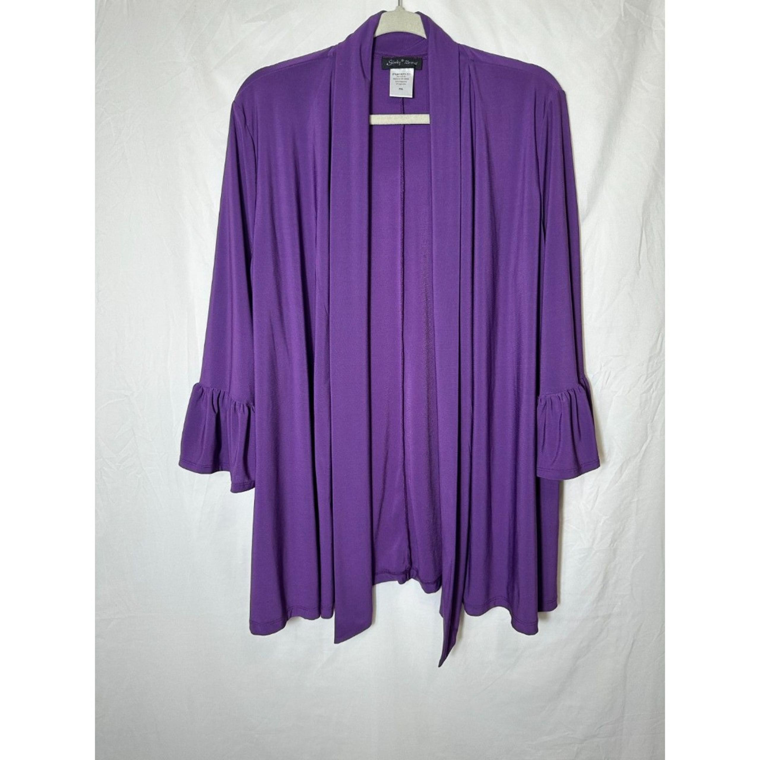 Slinky Brand Women's Slub Knit Dark Purple Open Cardigan Ruffle Sleeve Size PXL
