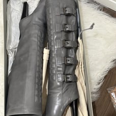 Reed Krakoff Leather Boots Gray Teal Green Quilt Buckle H Heel Riding