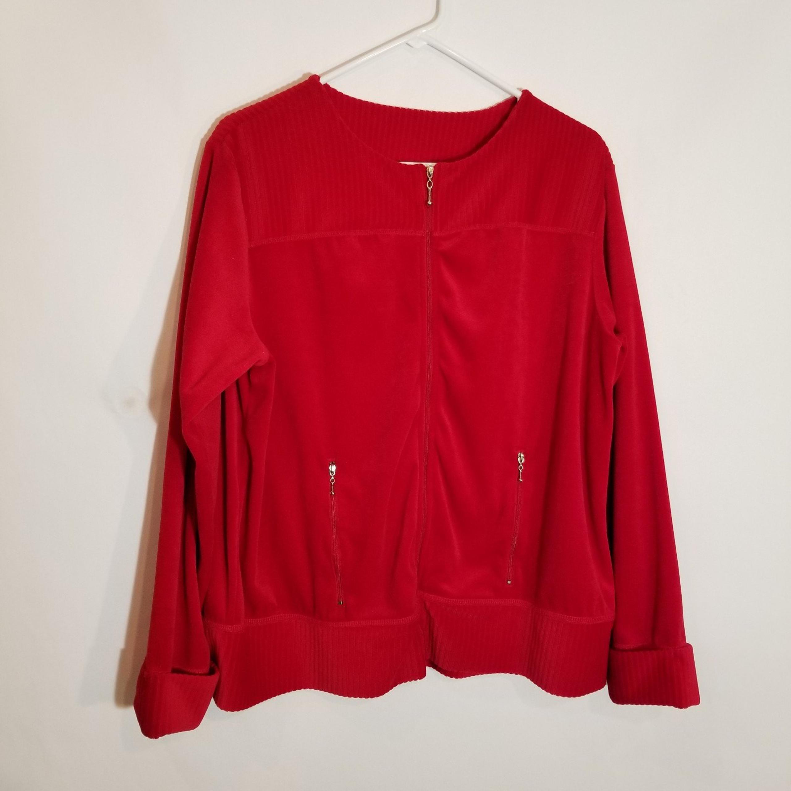 Coldwater Creek Jacket Womens Large Velour Full Zip Pockets Long Sleeve Red.