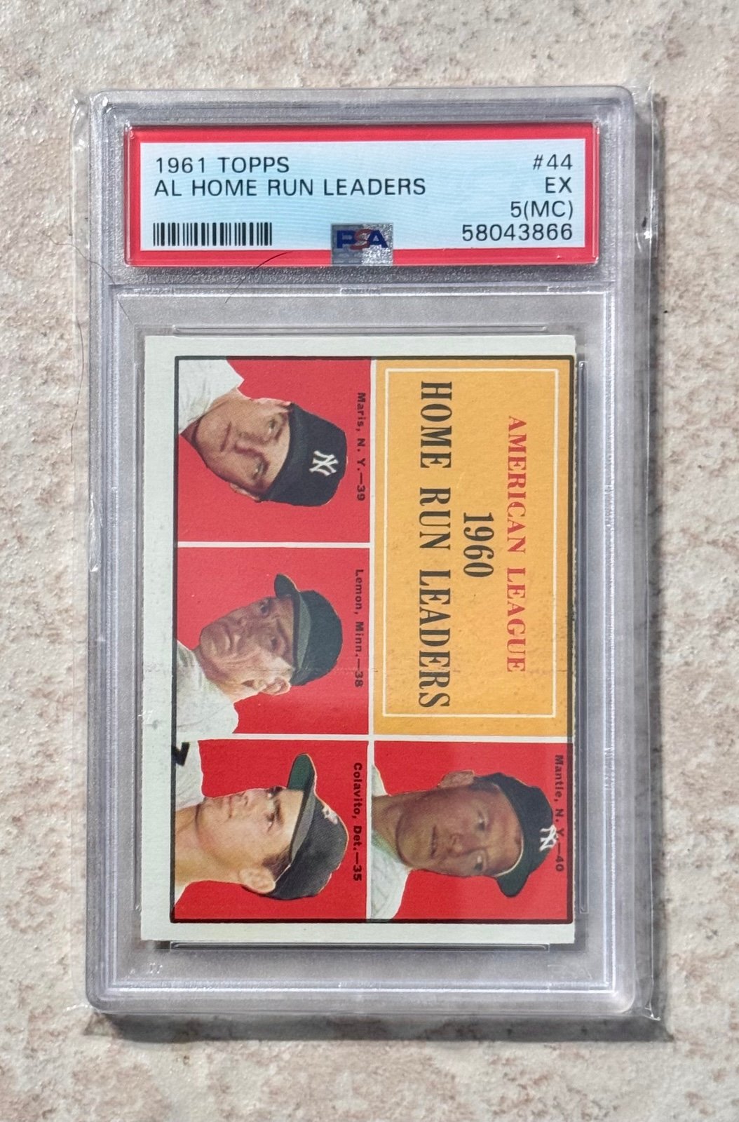 1961 Topps AL HR Leaders 44 Mantle Maris PSA 5 mc
