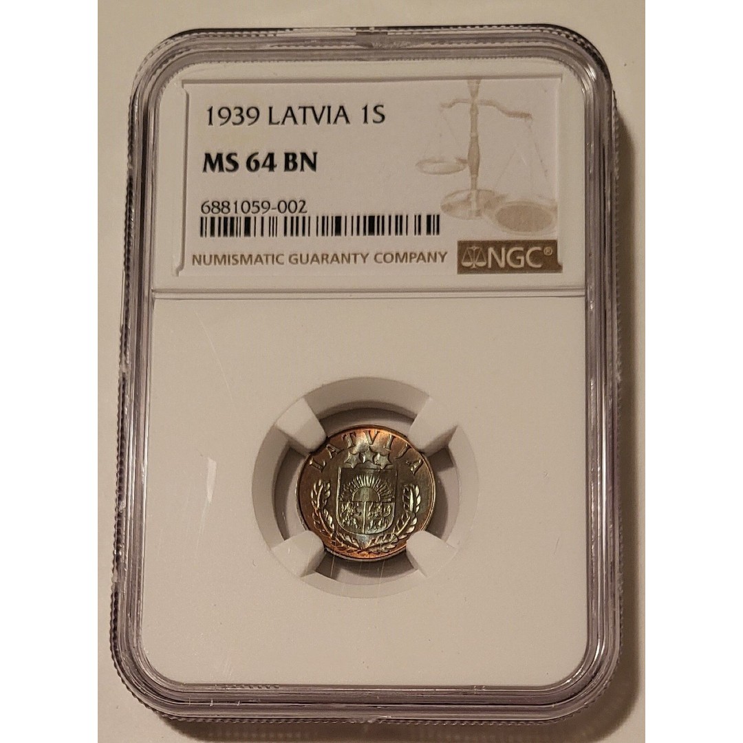 Latvia 1939 1 Santims MS64 BN NGC Nice Toning