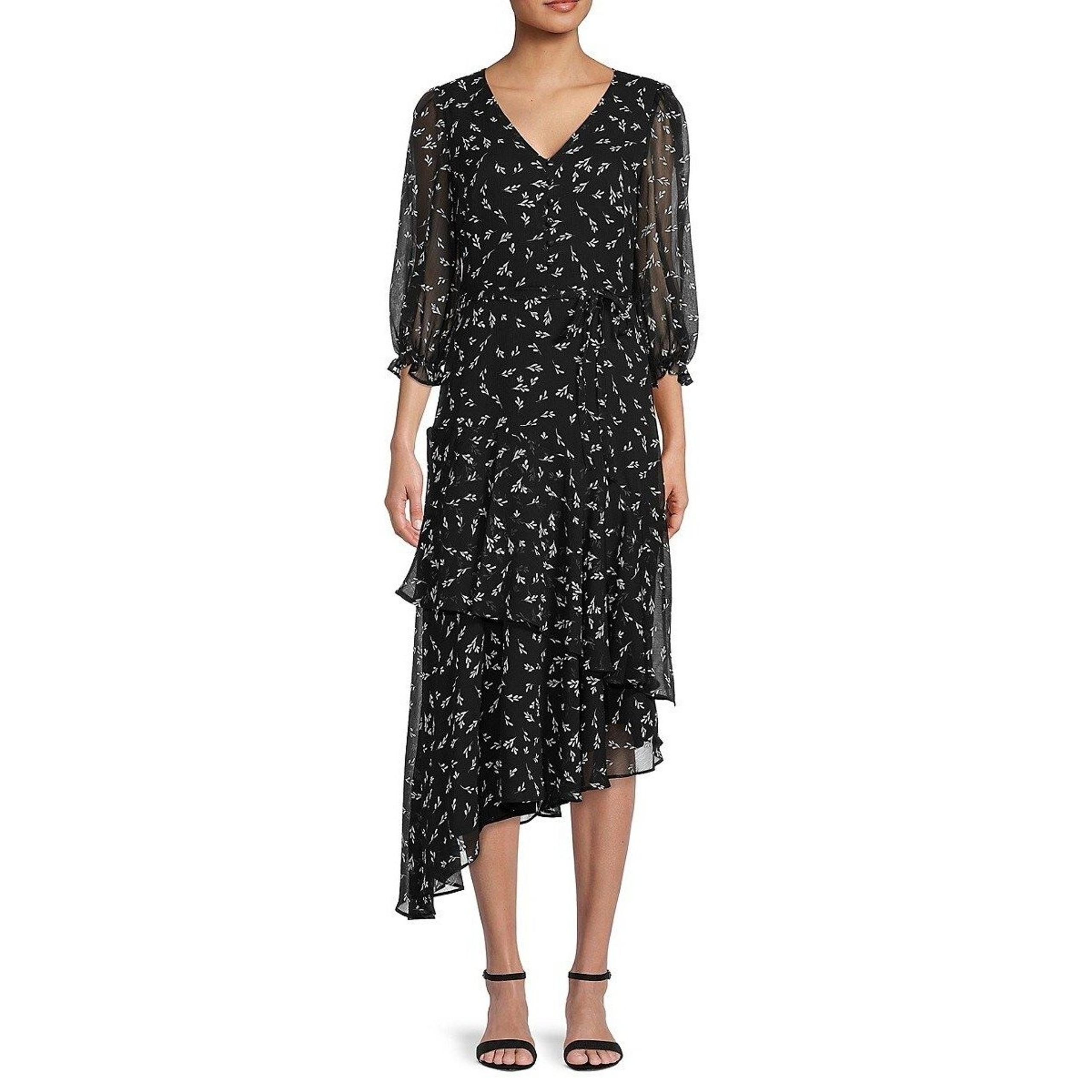 Karl Lagerfeld Dress Womens 2 Black Floral-Print Asymmetrical *NO BELT*