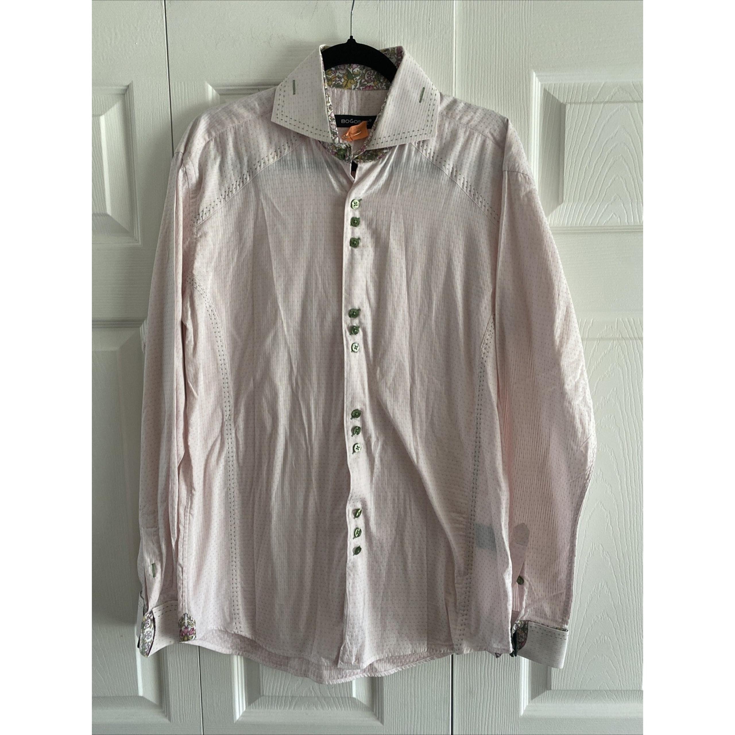 Bogosse Mens Shirt Pink Swiss Dot Green Seam Medium