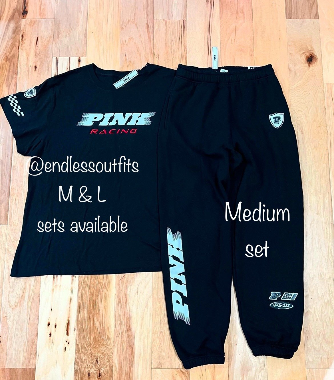 VS PINK BLACK RACING CAMPUS TEE & FLEECE SWEATPANTS OUTFIT SIZE MEDIUM