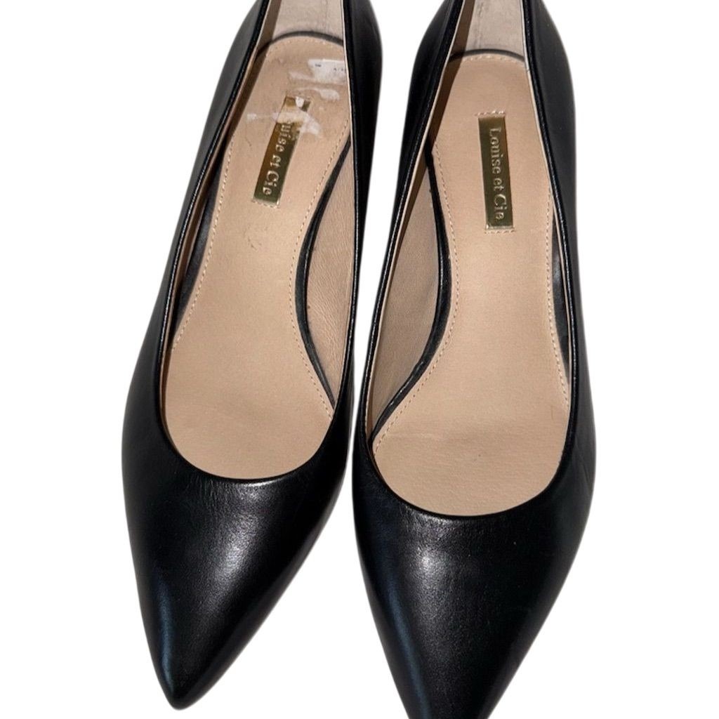 Louise et Cie 7M 37 1/2 Women's Black Leather Pointed Toe Pumps Mid Heel Slip On