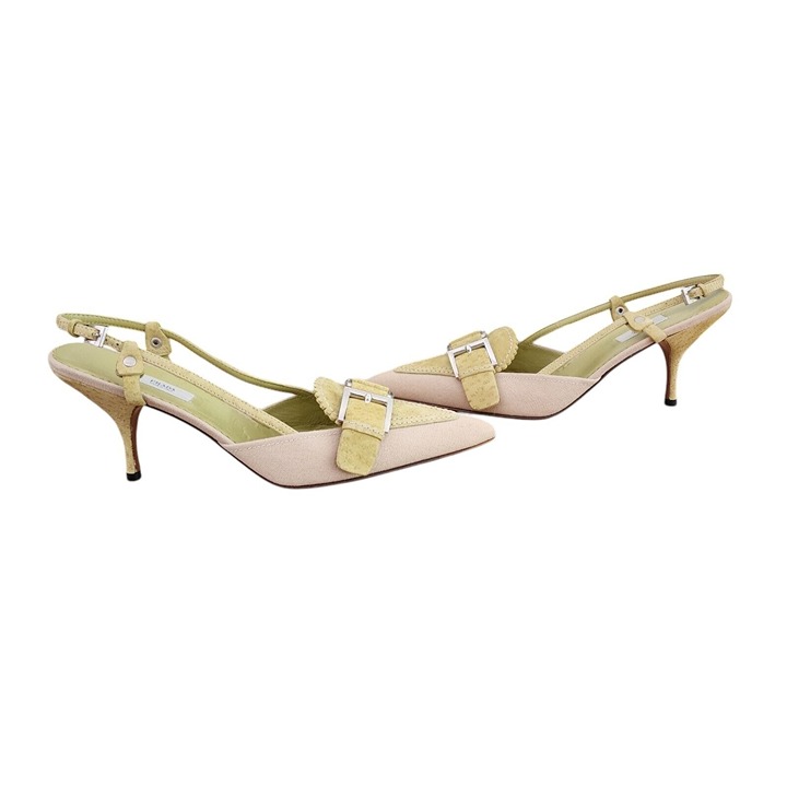 Y2K Prada Pointy Slingback Heels Khaki Canvas Pistachio Leather 39 9 New