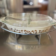 Vintage Pyrex Gold Acorn Divided Casserole Divided Cover with stand
