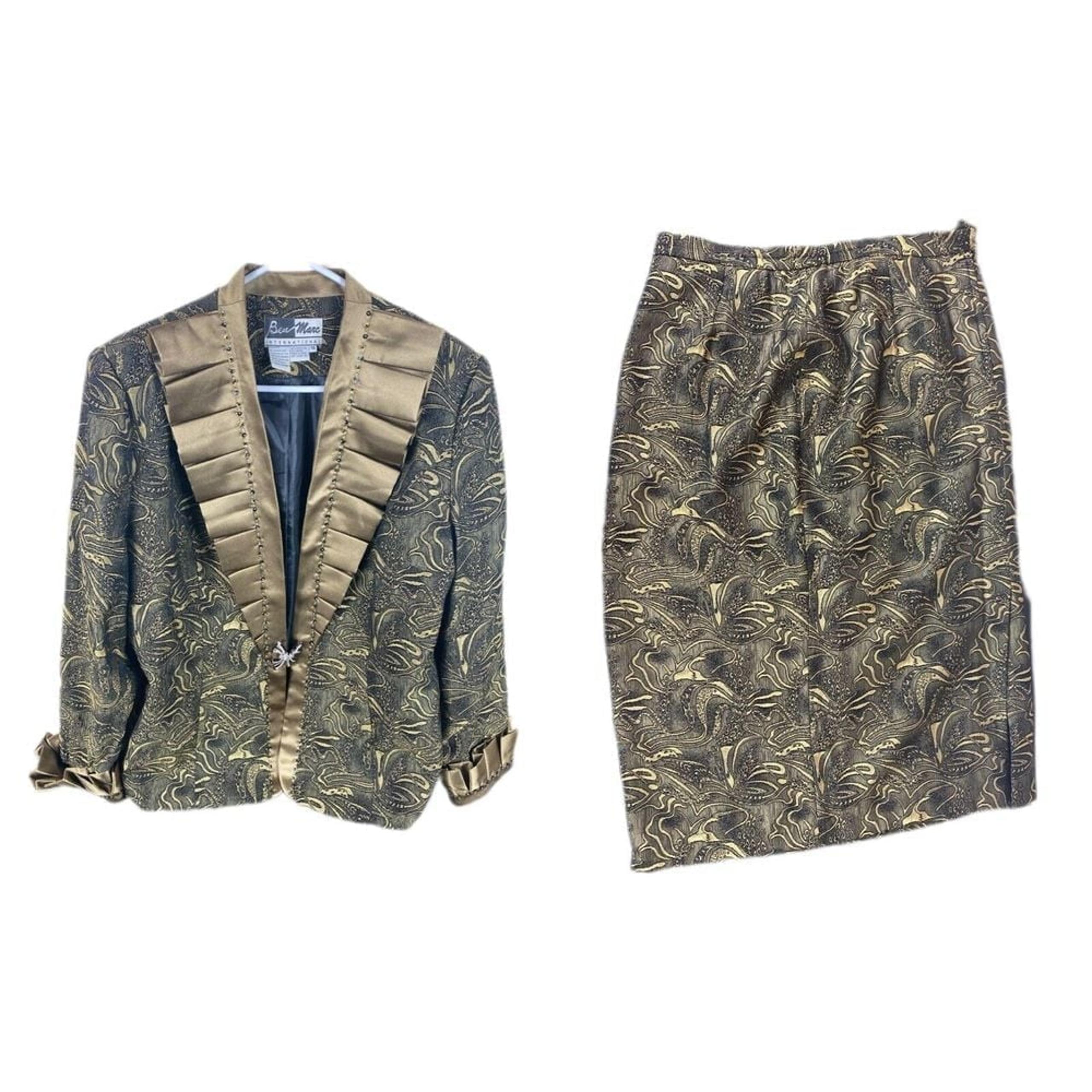 Ben Marc 2pc Suit Womens Sz 14 Gold Blazer Skirt Set Rhinestone Sequence Vtg Y2K