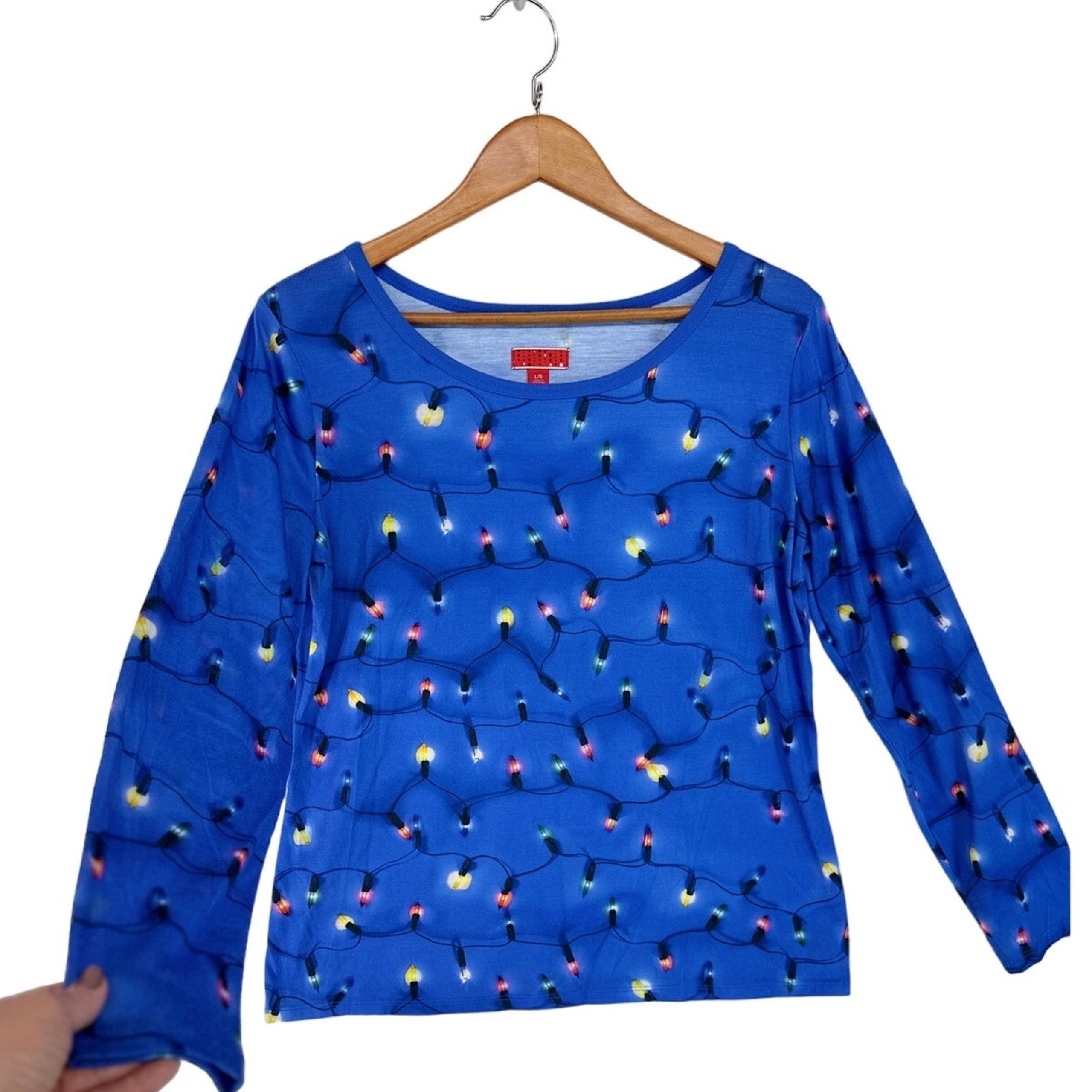 Long Sleeve "Christmas Lights" LARGE Blue Scoop Neck  PJ T-Shirt Womens Casual
