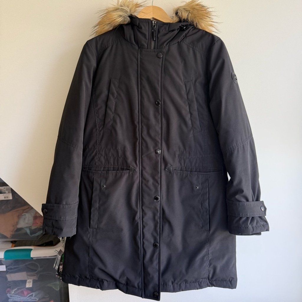 Michael Kors Women's Black Parka Coat with Fur Trim Size Medium