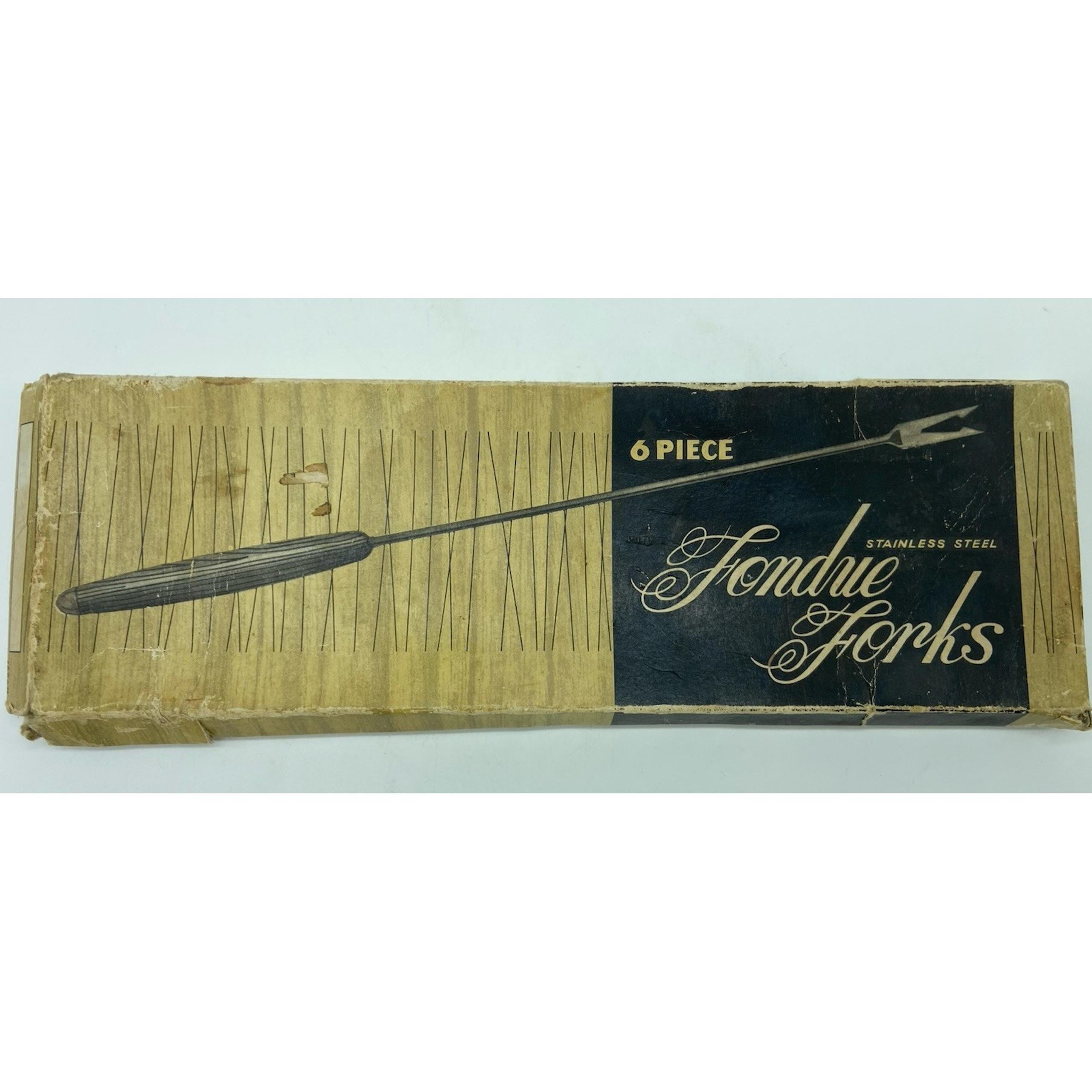 Vintage MCM STAINLESS STEEL Set of 6 FONDUE FORKS w/Wooden Handles Original Box