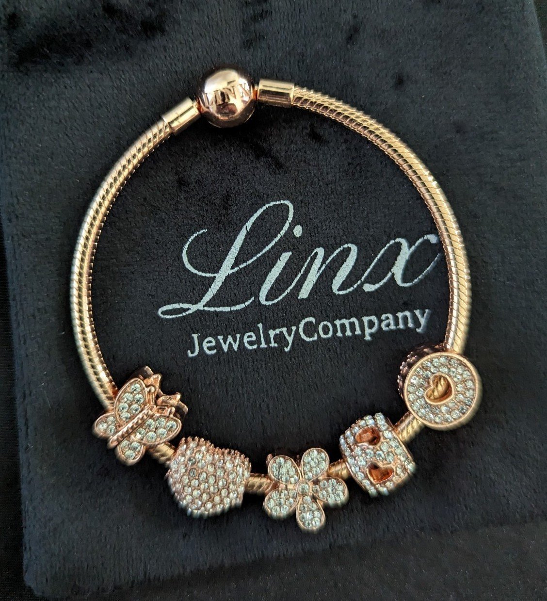 Linx Rose Gold Snake Chain Bracelet with Zircon Themed Charms