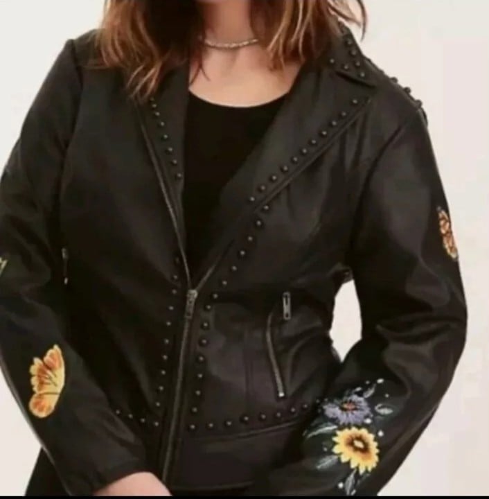 Torrid Faux Leather Moto Jacket Hummingbird and Flowers Full Zip Size 1X