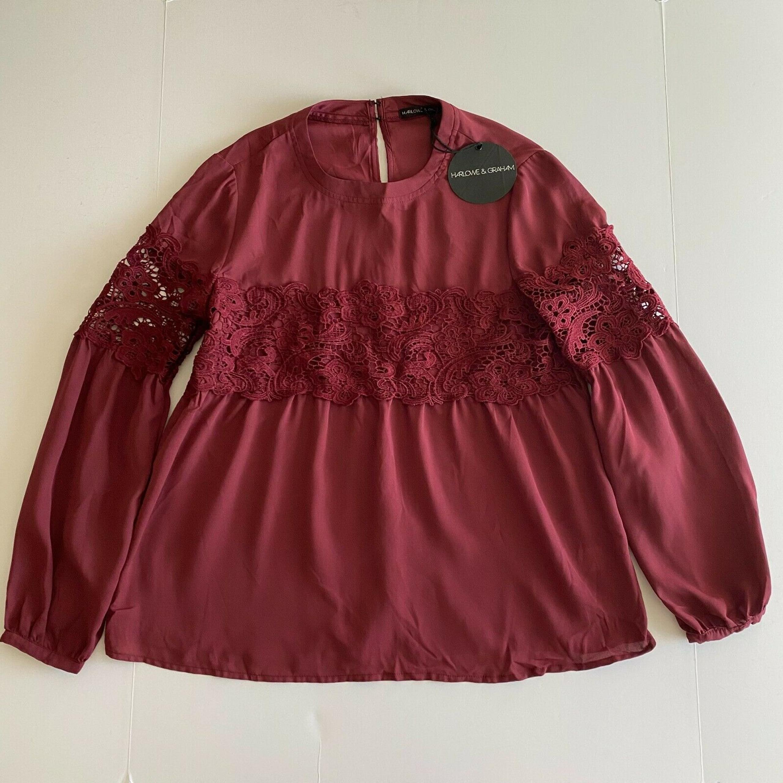 Harlowe & Graham Womens Maroon Crochet Balloon Long Sleeve Blouse Top Small NWT