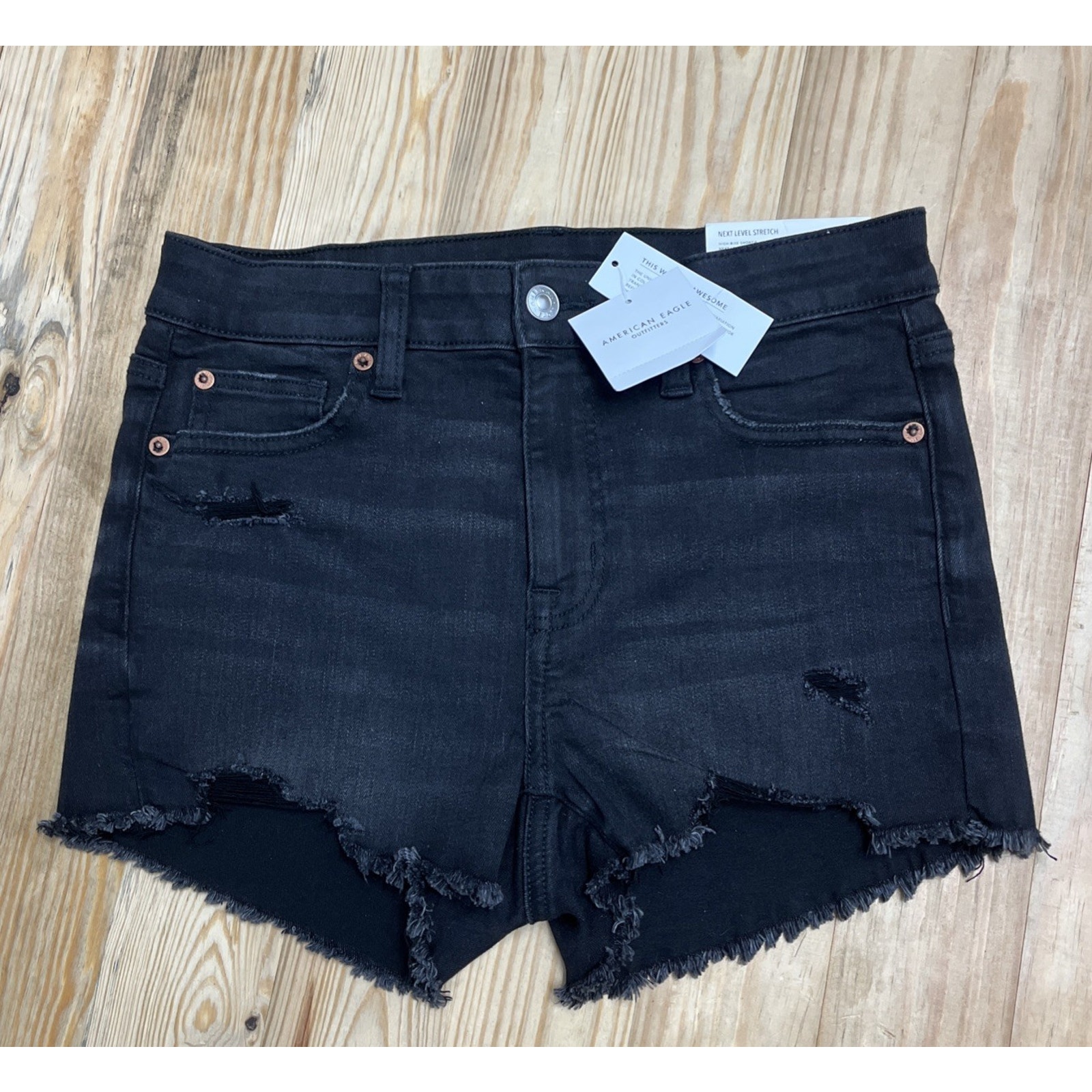 NEW American Eagle Black Denim Hi-Rise Shortie Stretch Jean Shorts 4/27