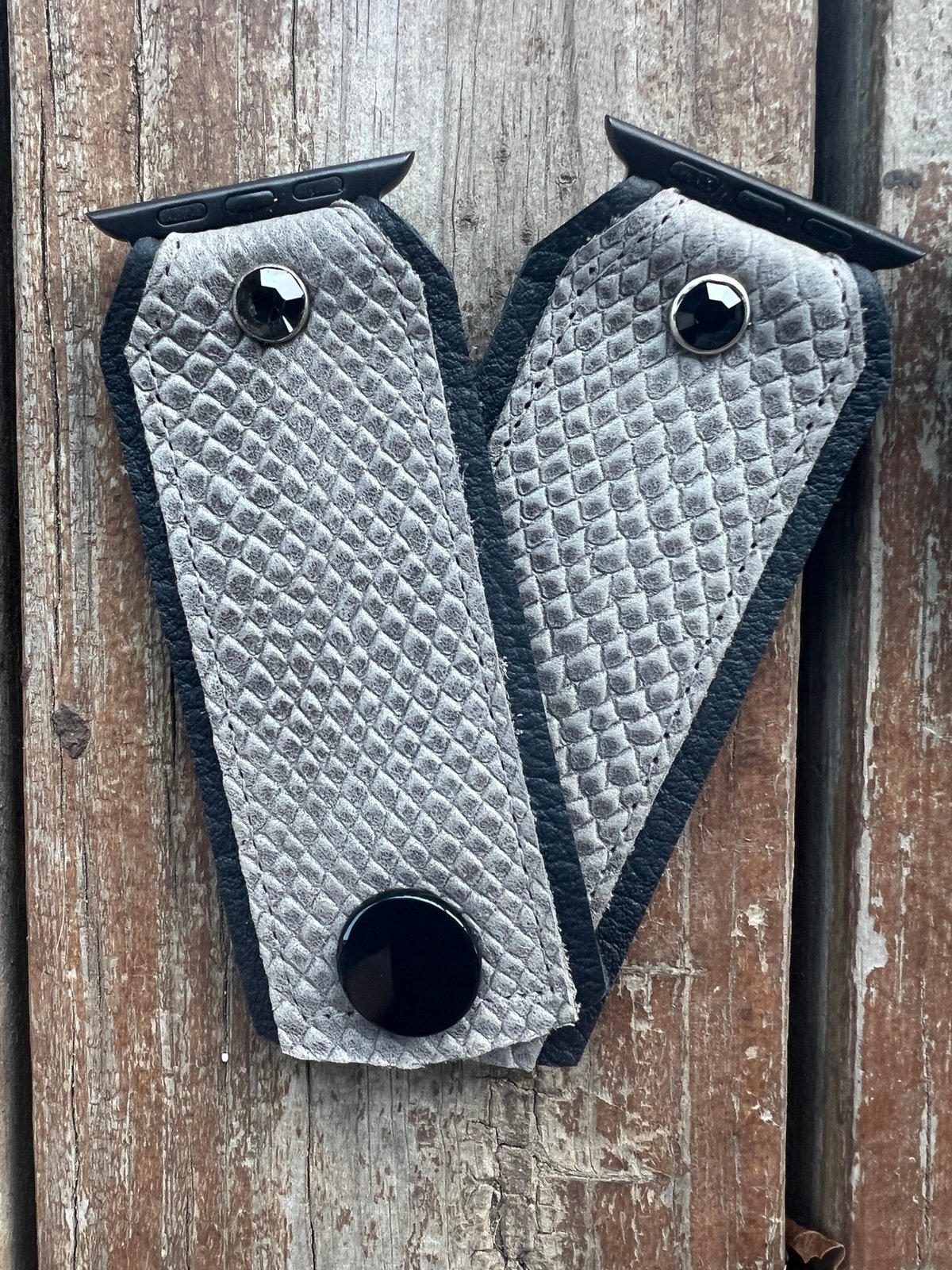Gray Snakeskin on black leather Apple Watch band similiar to spark’l  Gray Snake