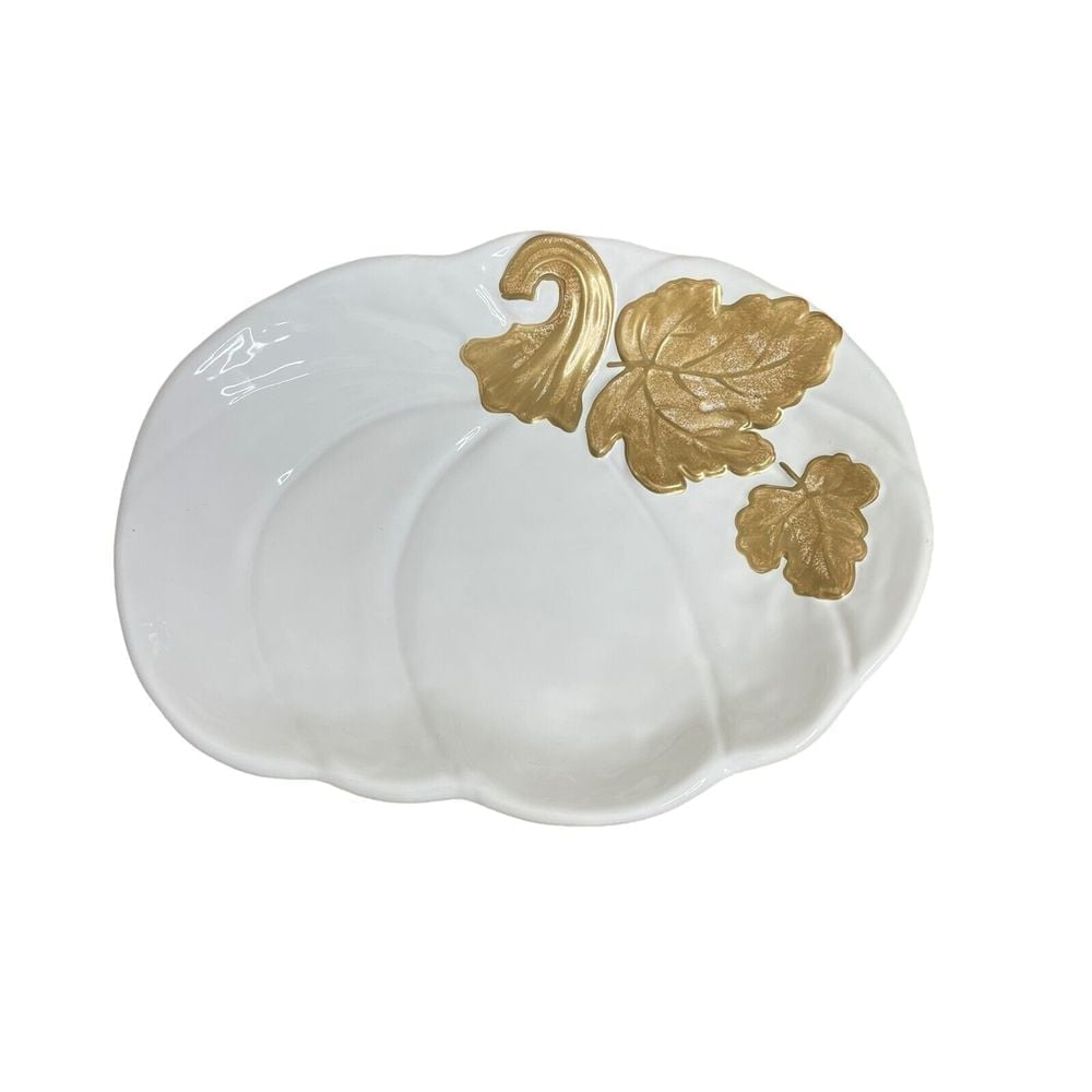 Pier1 Imports White Pumpkin Platter Gilded Porcelain Serving Platter 15 x 11.5