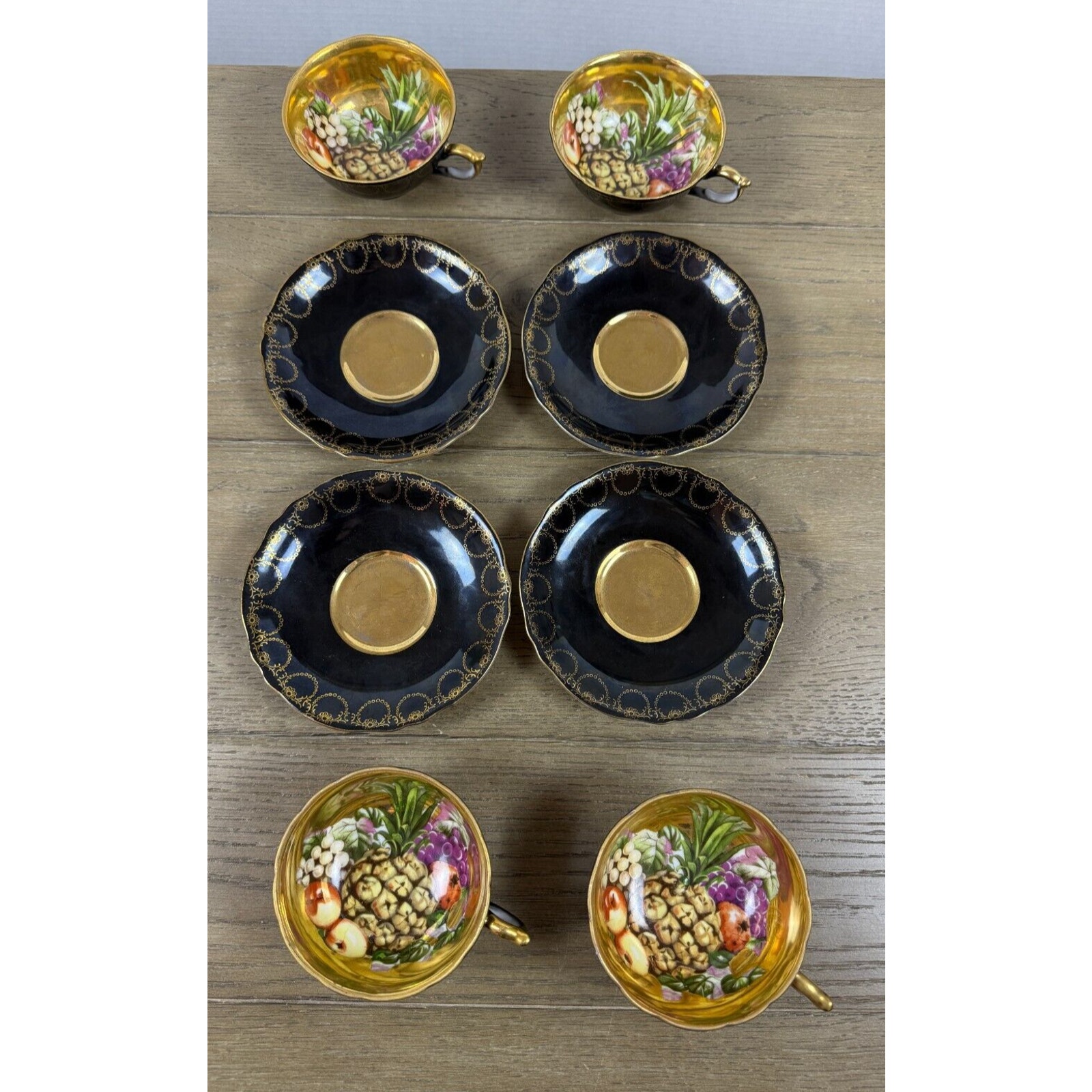 Royal Sealy China Black & Gold Trim Fruit Gilt Tea Cup & Saucer - Set of 4