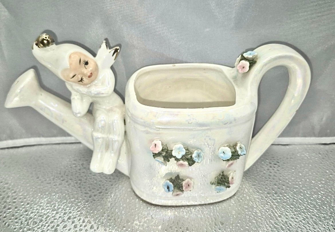 Vintage LEFTON Pixie / Fairy White Lusterware Pottery Water Can Planter MCM