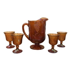 Antique Carnival Indiana Harvest Golden Amber Pitcher with 4 Goblets