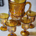 Antique Carnival Indiana Harvest Golden Amber Pitcher with 4 Goblets