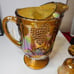 Antique Carnival Indiana Harvest Golden Amber Pitcher with 4 Goblets