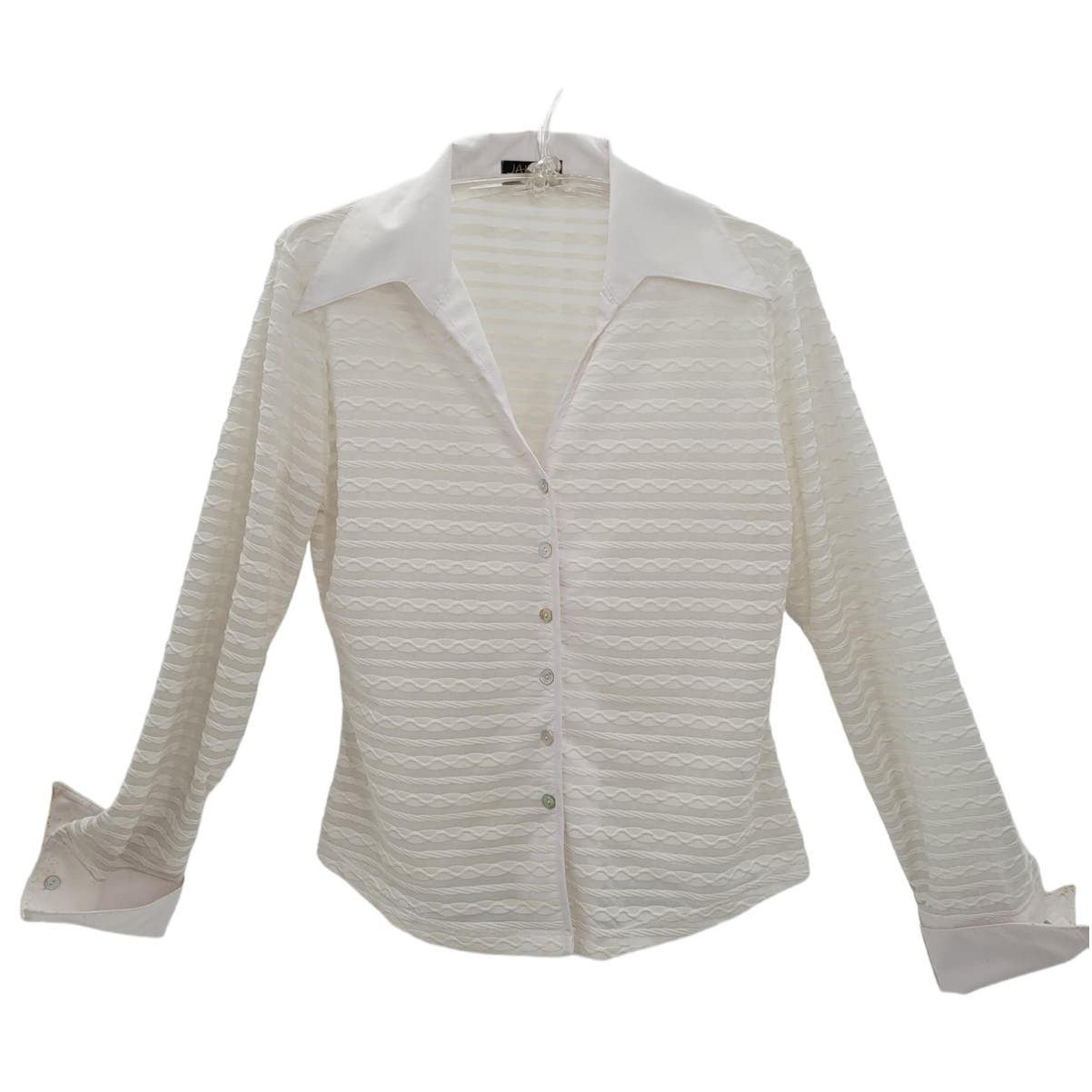 Vintage Jaipur White Sheer Striped Long Sleeve V-Neck Stretchy Button Up Blouse