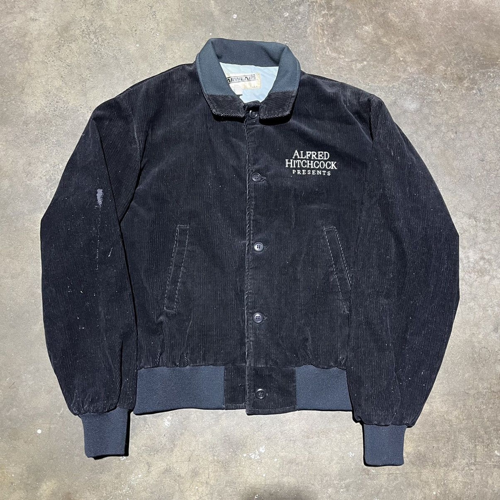 Vintage 70s Alfred Hitchcock Presents Black Corduroy Bomber