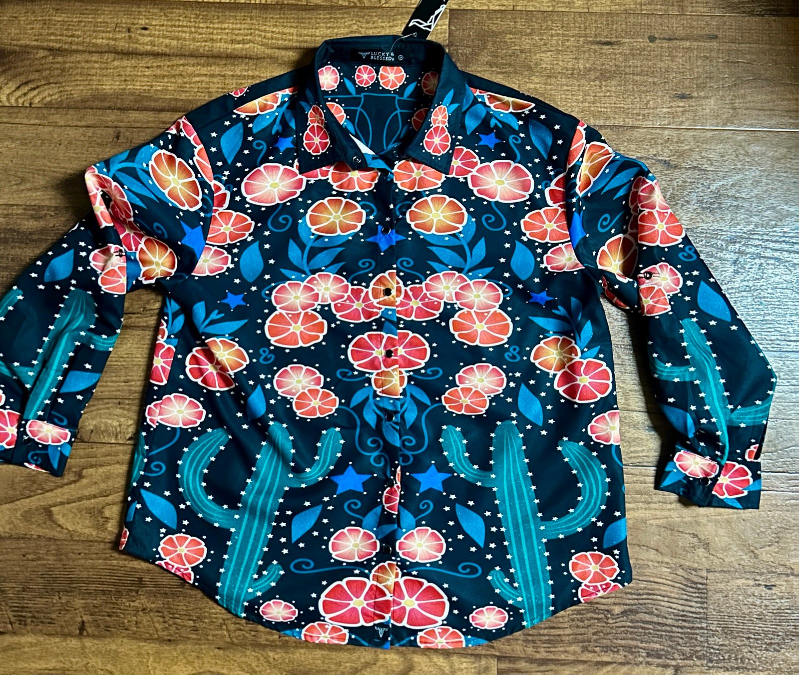 Lucky & Blessed ~ Medium ~ Black/Orange ~ Floral & Cactus ~ Western Shirt ~ New