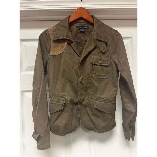 Vintage Ralph Lauren Olive Green Canvas & Suede Safari Utility Jacket sz 8 EUC