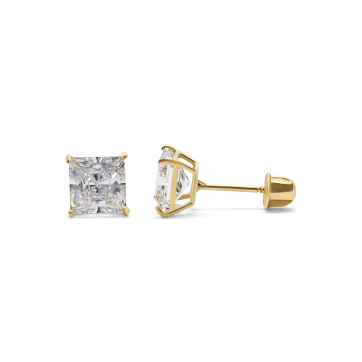 Super Bright 14K Solid Yellow Gold Princess Square Cut Earring with 4 Prong Set
