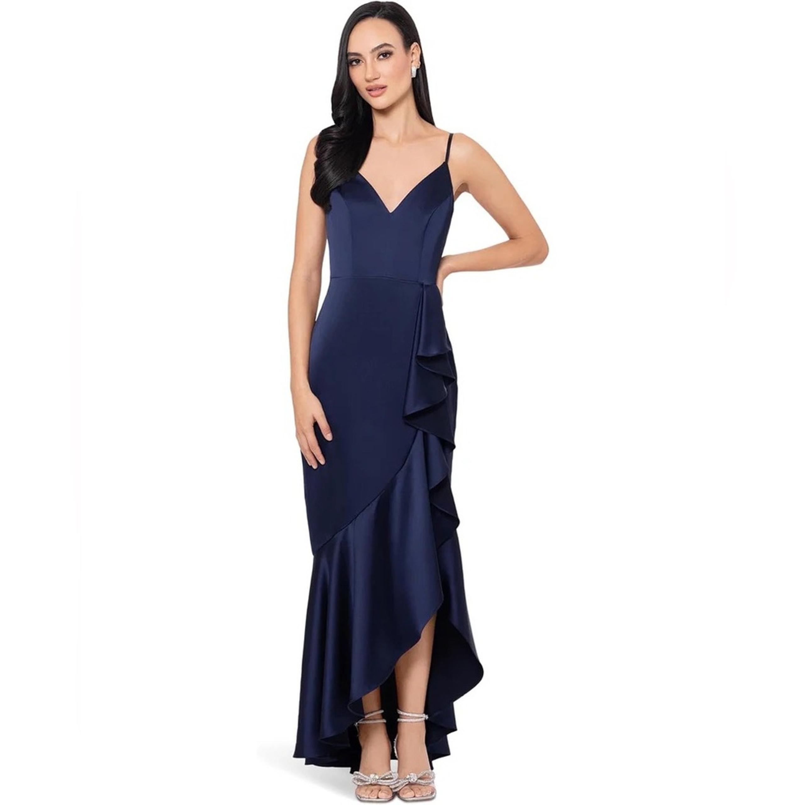 Xscape Satin Ruffle Dress Navy Blue Hi Low Maxi Formal Gown Sleeveless NWT Sz 12