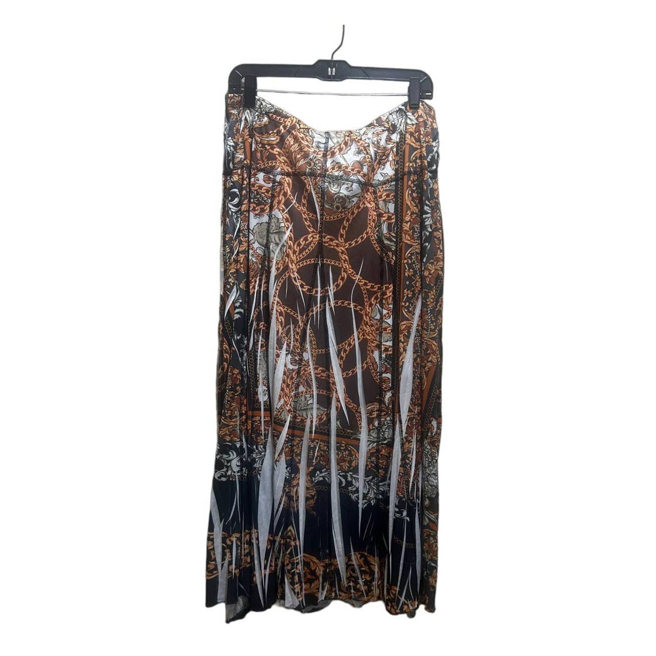 One World Maxi Skirt 1X Chain Print Flowy Artsy Boho Lagenlook Beachy Coastal