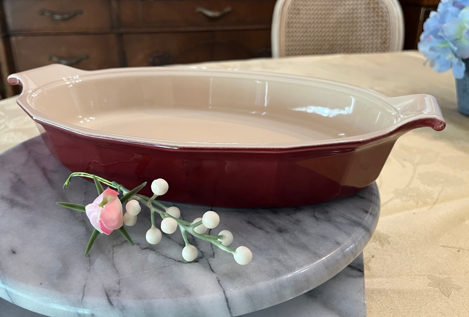 Emile Henry France Burgundy Oval Baking Dish for Williams Sonoma Handles 01.77