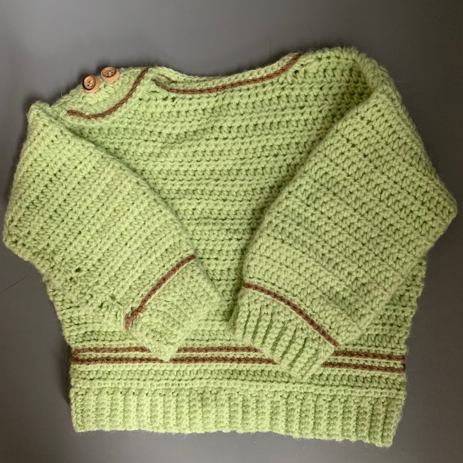 Infant Kids Hand Knitted Green Long Button Crew Pullover Sweater 12-18 Mo.