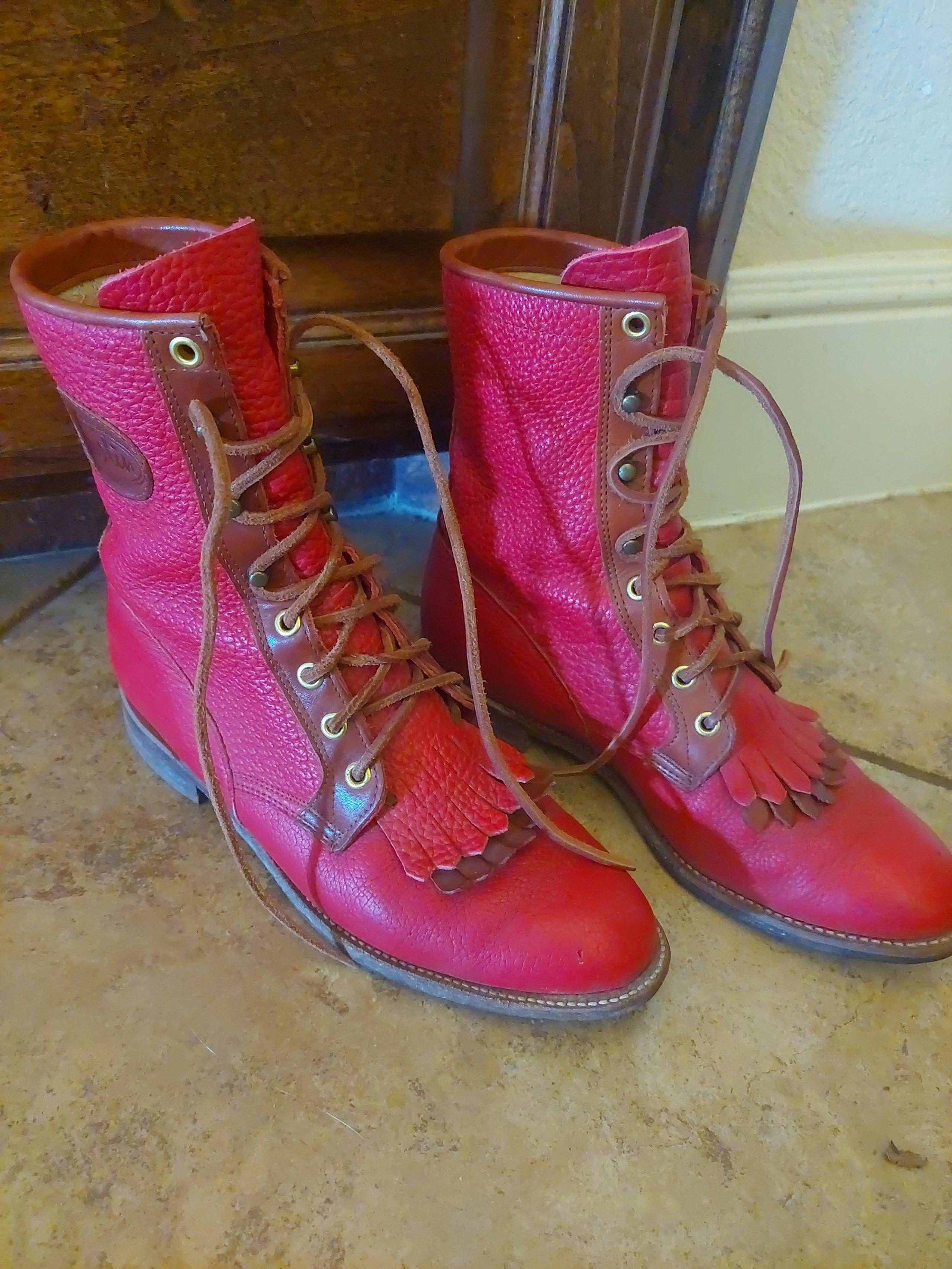 Justin Red Western Roper Kiltie Boots Leather Size8