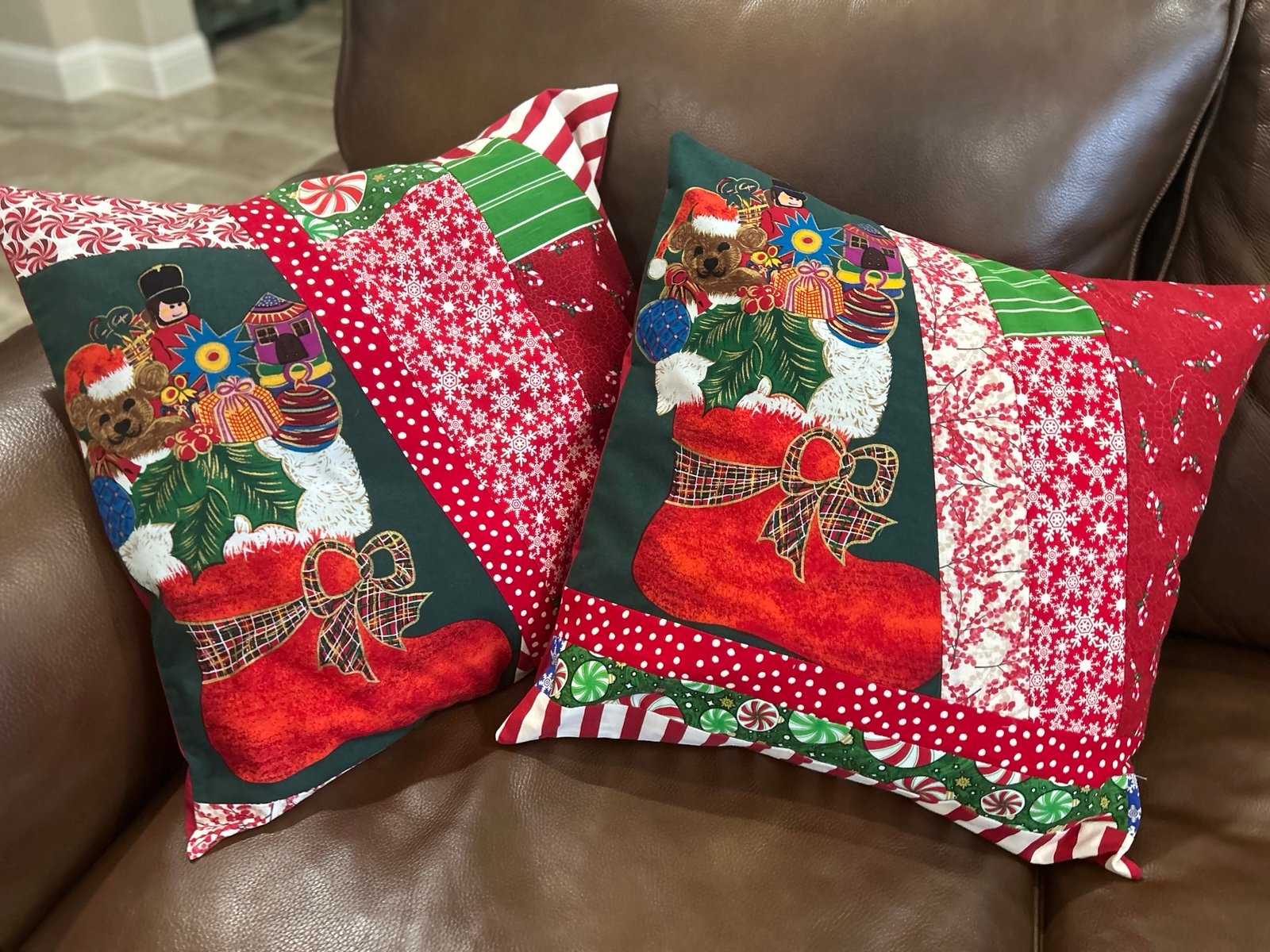 2 Handmade Christmas/Holiday Crazy Quilt Pillow Covers Sham 18” X 18”