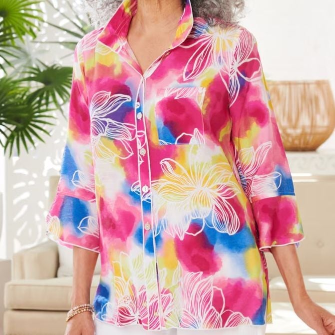 Multiples wired collar button up floral print abstract artsy top women's 3X /w1