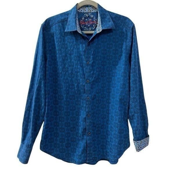 Robert Graham Mens Long-Sleeve Classic Button Down Shirt Blue Damask Floral Med