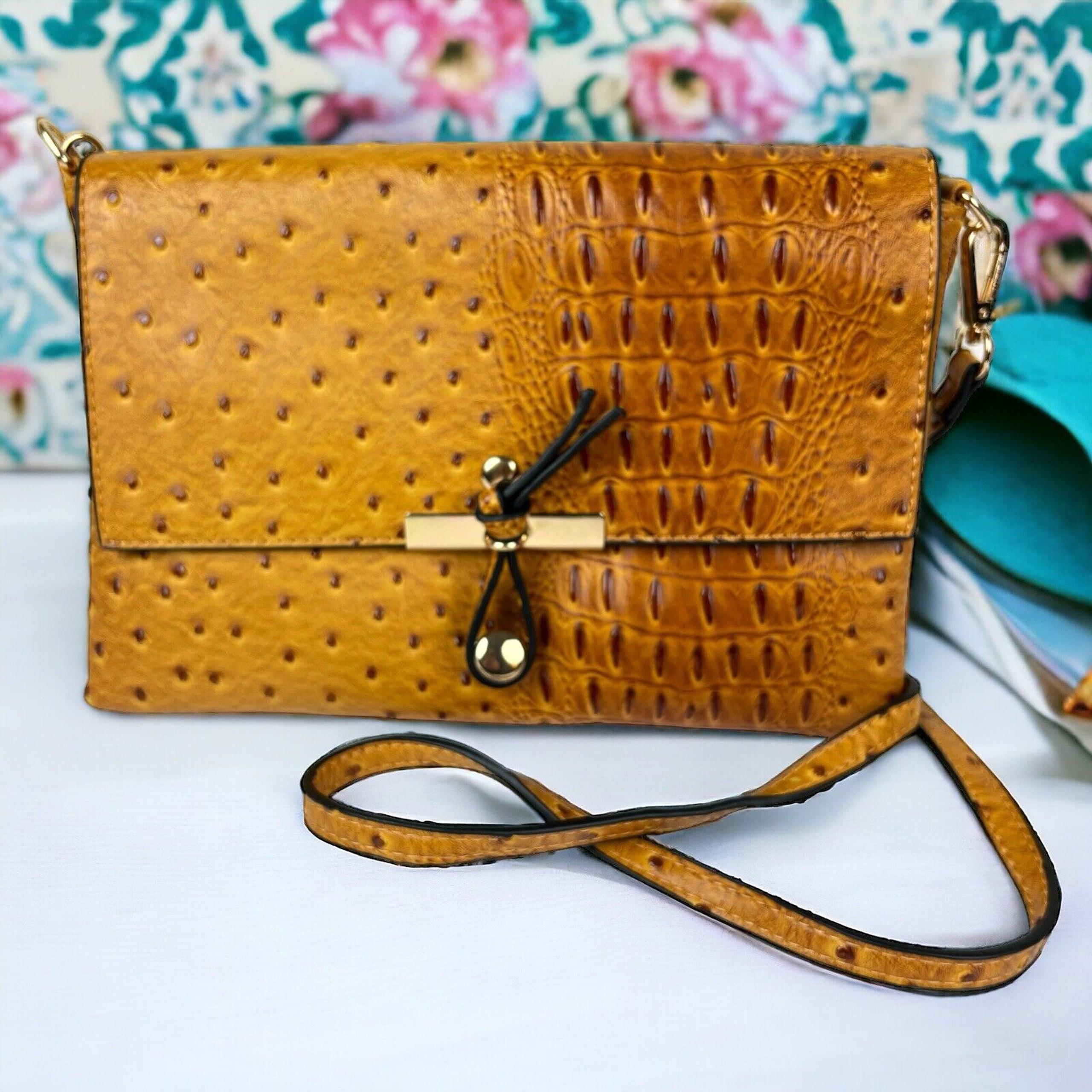 Le Miel Yellow Gold Vegan Ostrich Grain Crossbody Shoulder Bag Peta Approved