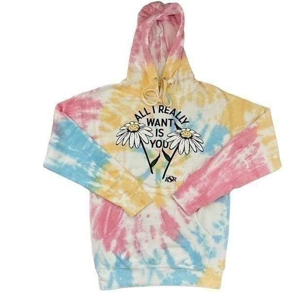 By Sami Ryan Pink Blue Yellow Tie Dye Graphic Print Hoodie Sweatshirt SZ S NWOT