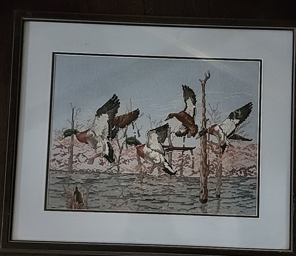 Mallard Ducks Cross-Stitch Vtg Wood Frame Glass Matted Duck hunt