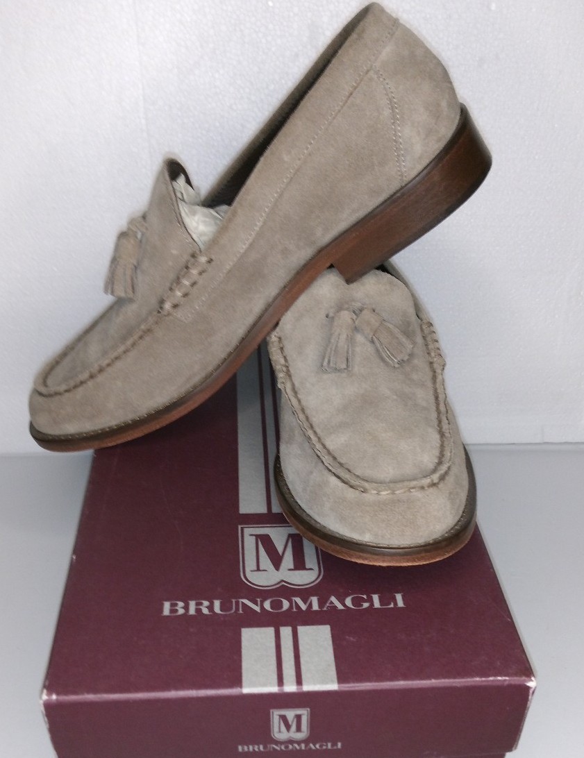 BRUNO MAGLI TAUPE SUEDE TASSEL LOAFERS