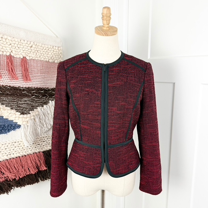 HOBBS London Florrie Ribbon Trim Tweed Zip Up Jacket Blazer Red Sz 6