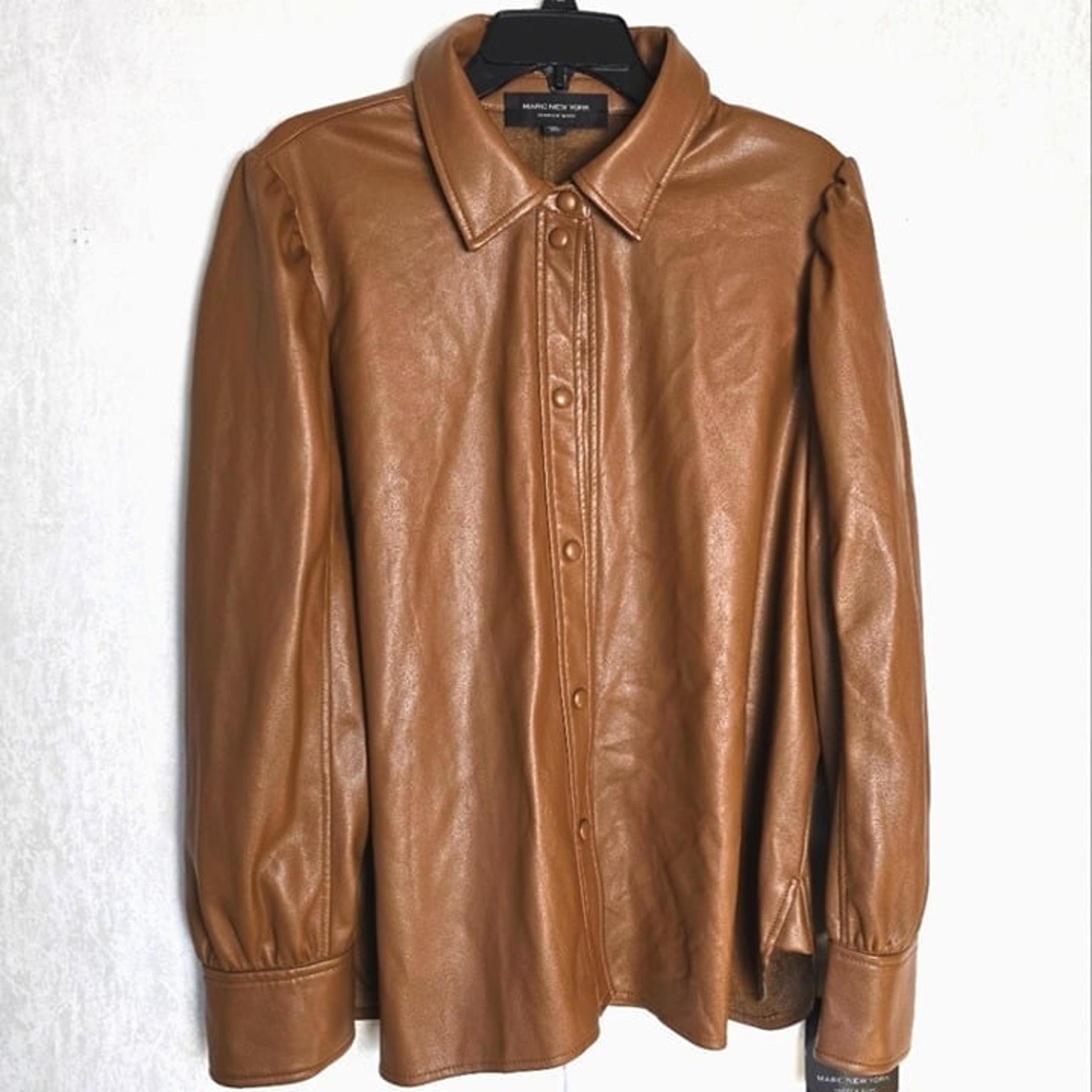 Andrew Marc Womens XL Tobacco Brown Faux Leather Snap Up Blouse Jacket Night Out