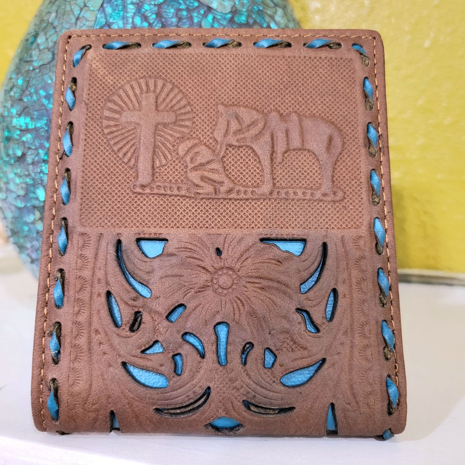 Praying Cowboy Western GENUINE LEATHER Wallet Bifold teal and brown